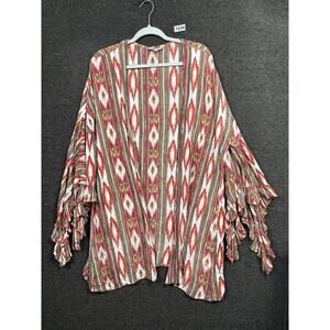 Rockin G Kimono Cardigan Womens Medium Red Ikat Print Ruffle Sleeve Boho Rayon